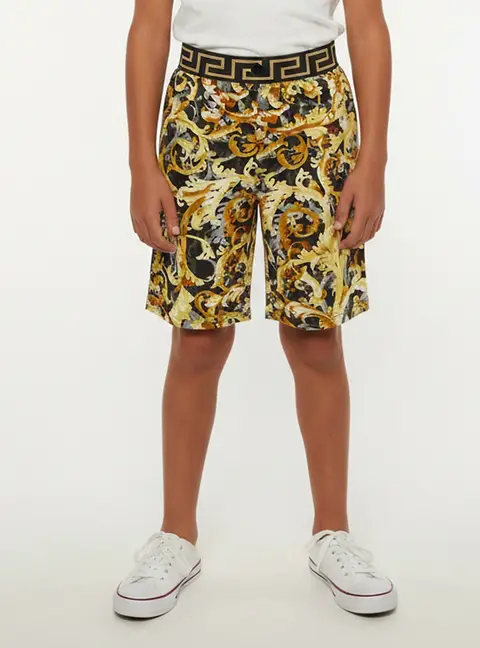 Versace Kids Gold Baroccoflage Print Cotton Knit Shorts 10 Yrs
