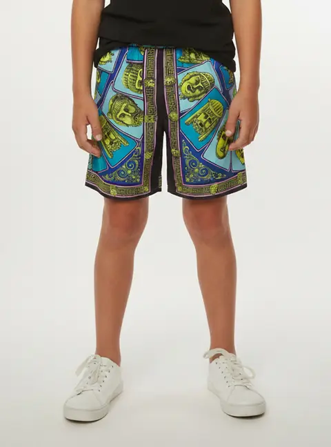 Versace Kids Blue Le Maschere Print Silk Satin Shorts 6 Yrs