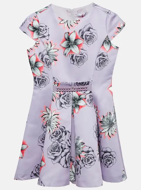 Versace Young Lilac Purple Floral Print Gabardine Pleated Party Dress M