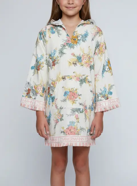 Zimmermann Kids Cream Logo Floral Print Textured Cotton Cover Up 12 Yrs