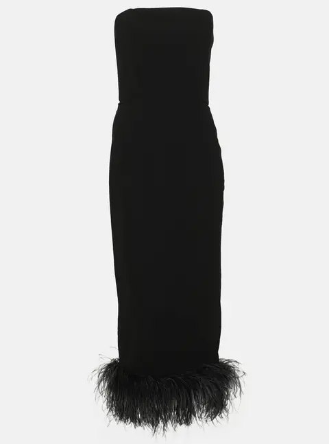 16Arlington Black Crepe and Ostrich Feather Tube Midi Dress S