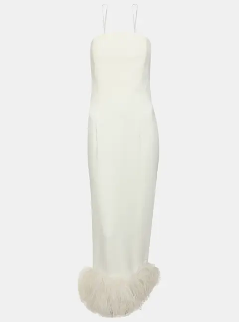 16Arlington White Crepe and Ostrich Feather Minelli Strapless Midi Dress S