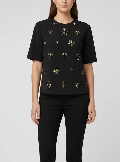 3.1 Phillip Lim Black Stretch Crepe Embellished Short Sleeve Top S