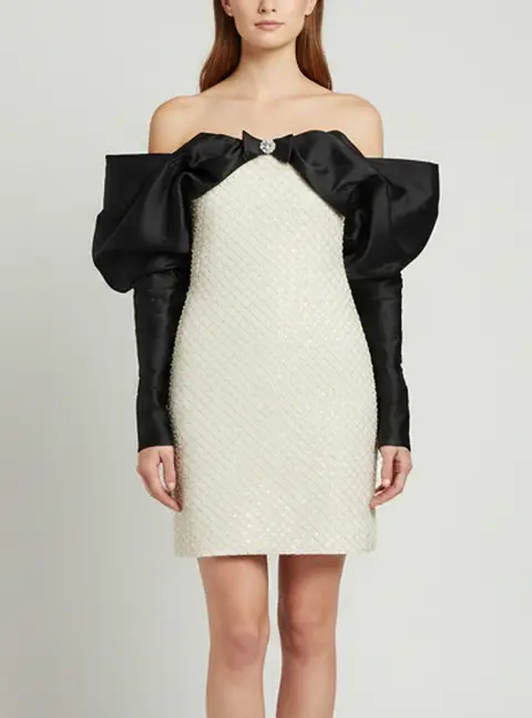 Nafsika Skourti Black/Light Beige Satin and Knit Crystal Embellished Opera Off The Shoulder Mini Dress