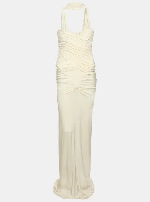 THE NEW ARRIVALS ILKYAZ OZEL Cream Jersey Samsara Ruched Halter Neck Bodycon Dress S