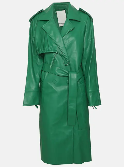 Themoire Green Faux Leather Belted Trench Coat S