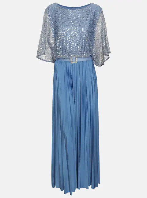ACCESS Fashion Blue Satin and Knit Sequin Embellished Maxi Dress S
