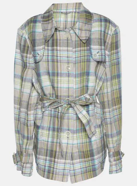 Basler Green Checkered Linen Long Sleeve Belted Cuff Shirt XL