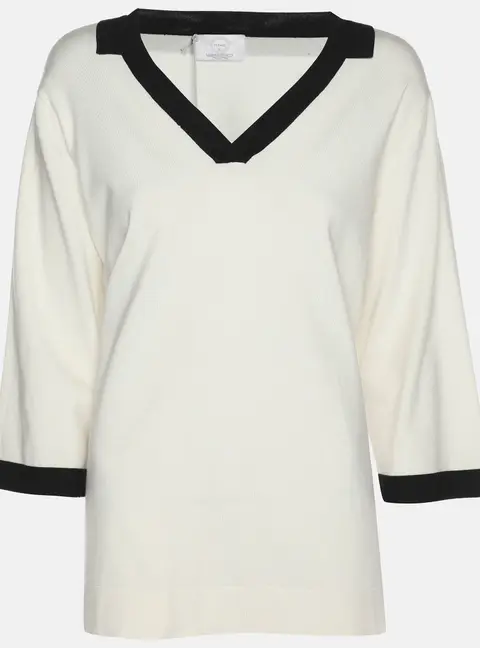 Marina Rinaldi Cream Jersey Contrast Trim V Neck Sweater L
