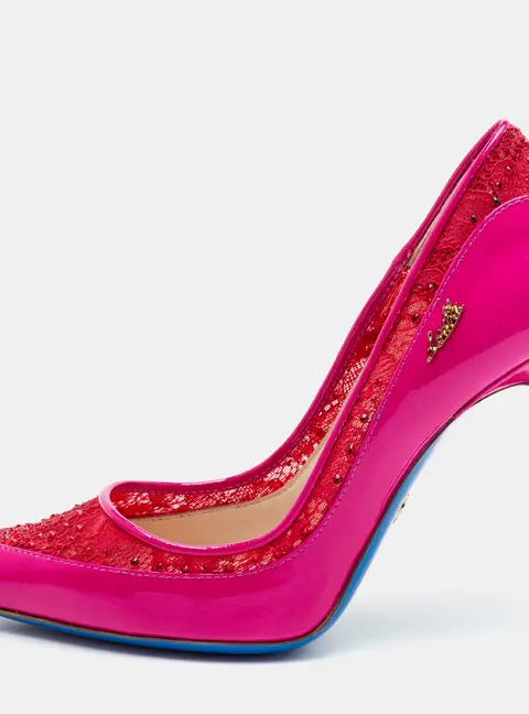 Loriblu Size 35 Bright Pink Lace and Patent Leather Pointed Toe Pumps