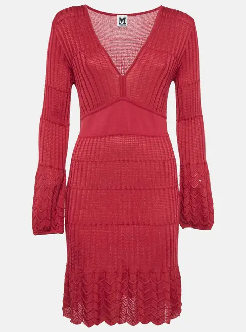 M Missoni Red Patterned Knit V-Neck Midi Dress M