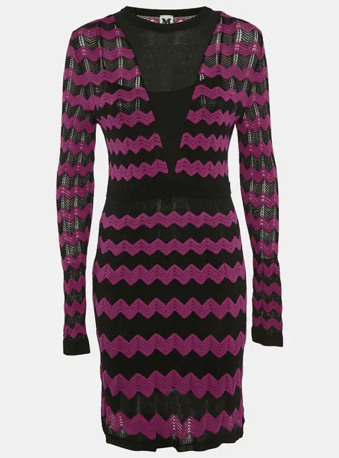 M Missoni Pink/Black Chevron Pattern Knit Long Sleeve Dress M