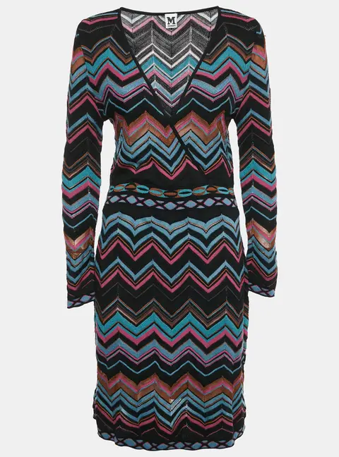 M Missoni  Multicolor Chevron Pattern Knit V-Neck Short Dress L