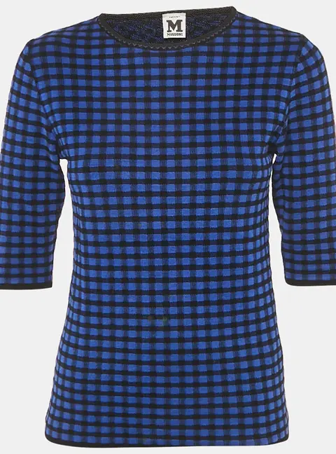 M Missoni Blue Checks Stretch Knit Round Neck Top M