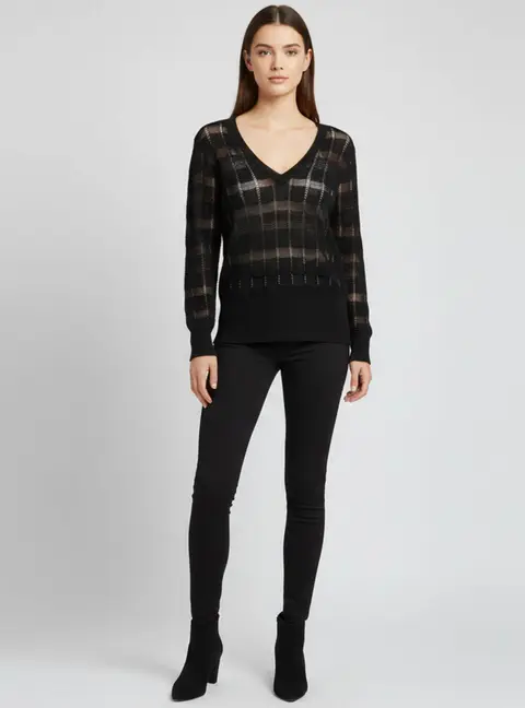 M Missoni Black Pointelle Knit Sheer V-Neck Sweater M
