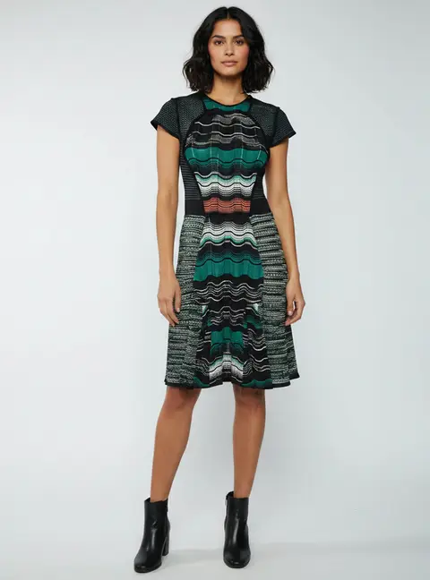 M Missoni Black/Green Zig Zag Knit Knee Length Dress M