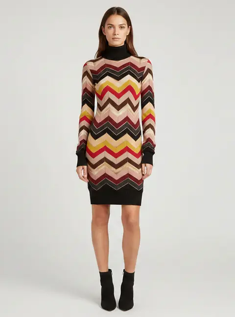Missoni Multicolor Chevron Pointelle Knit Turtleneck Dress XS