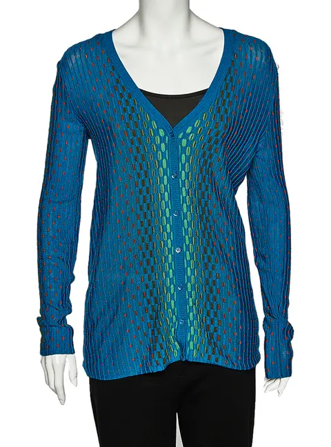 M Missoni Blue Patterned Dobby Knit Button Front Cardigan M