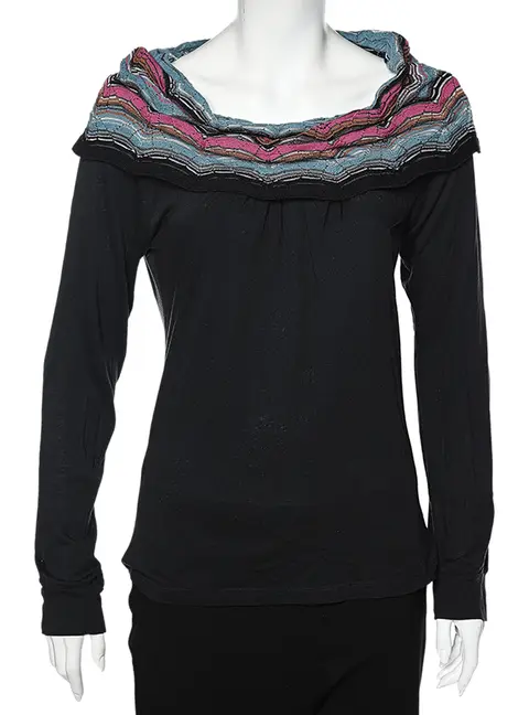 M Missoni Black Cotton Knit Contrast Overlay Detail T-Shirt S