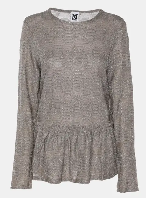 M Missoni Metallic Grey Lurex Knit Long Sleeve Pleated Top M