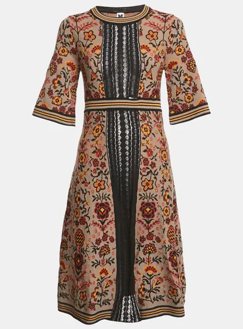 M Missoni Brown Floral Pattern Knit Lace Trim Midi Dress S