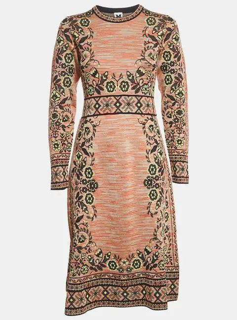 M Missoni Beige/Green Floral Pattern Knit Long Sleeve Midi Dress L