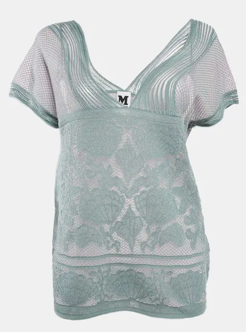 M Missoni Ice Blue Lurex Textured Knit V-Neck Top L