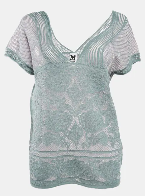 M Missoni Ice Blue Lurex Textured Knit V-Neck Top L