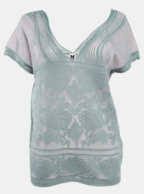 M Missoni Ice Blue Lurex Textured Knit V-Neck Top M