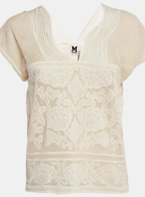M Missoni White Seashell Pattern Lurex Knit V-Neck Top L