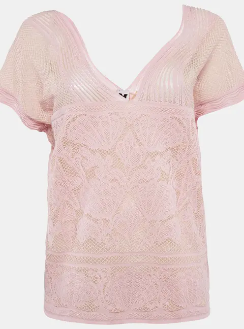 M Missoni Pink Seashell Pattern Lurex Knit V-Neck Top L