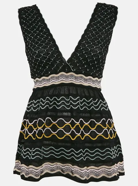 M Missoni Black Patterned Knit V-Neck Flared Top M