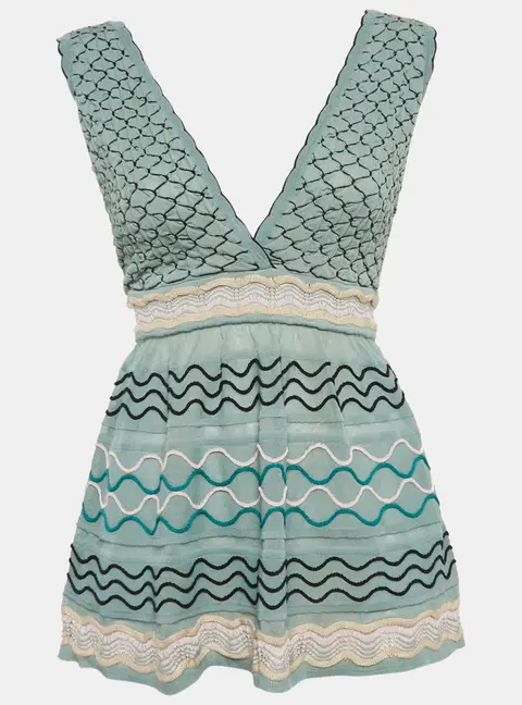M Missoni Blue Patterned Knit V-Neck Flared Top L