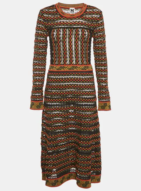 M Missoni Black/Orange Pointelle Knit Long Sleeve Midi Dress L