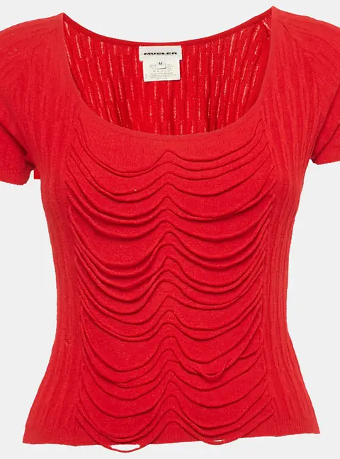 Mugler Red Rib Knit Short Sleeve Top M