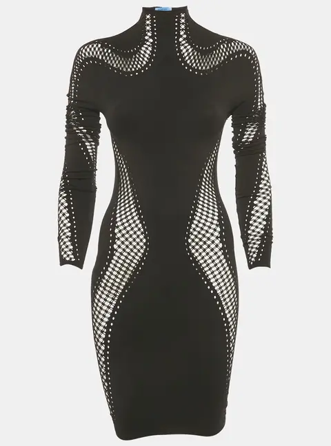 Mugler Black Nylon Knit Perforated Detail High Neck Bodycon Dress S