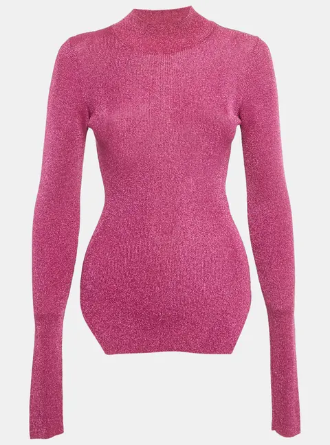 Mugler Pink Lurex Rib Knit Mock Neck Pullover S