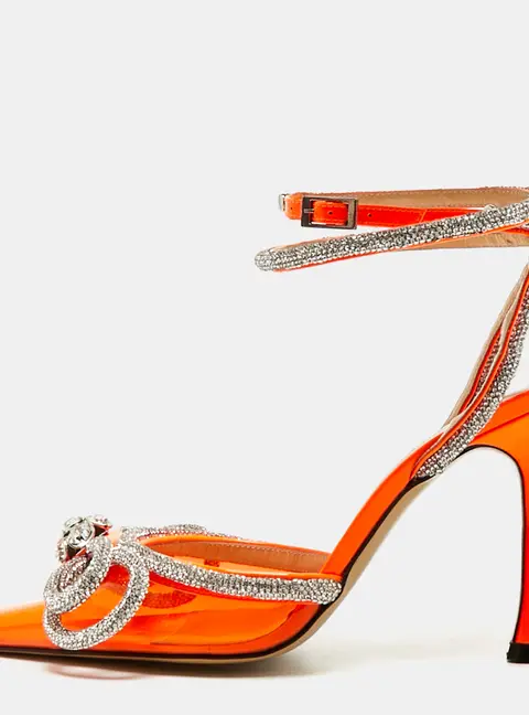 Mach & Mach Double Bow Size 38 Orange Leather and PVC  Crystal Embellished Pumps