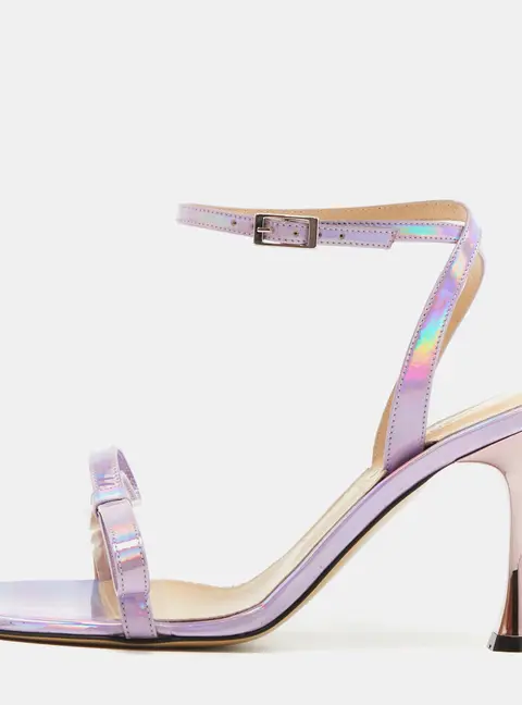 Mach & Mach French Bow Size 37.5 Purple Iridescent Leather and PVC Ankle Strap Sandals
