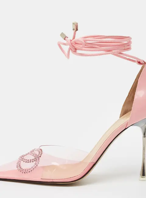 Mach & Mach Crystal Embellished Bow Size 41 Pink PVC and Leather Ankle Wrap Pumps