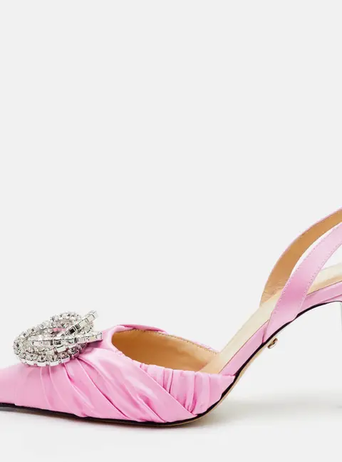 Mach & Mach Galaxy Size 38 Pink Satin Crystal Embellished Slingback Pumps