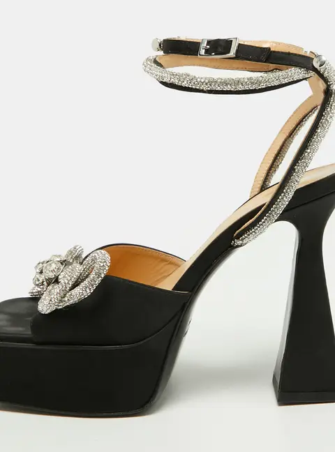 Mach & Mach Double Bow Size 38 Black Satin Platform Ankle Strap Sandals