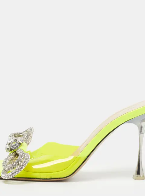 Mach & Mach Double Bow Size 37.5 Neon Green PVC Crystal Embellished Square Toe Slide Sandals