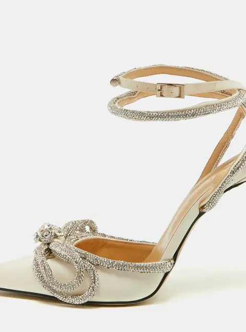 Mach & Mach Double Bow Size 40 Cream Satin Crystal Embellished Pumps