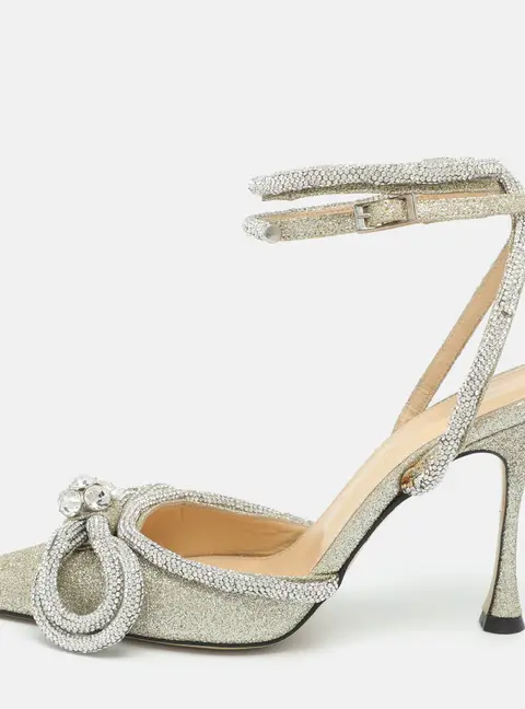 Mach & Mach Double Bow Size 38 Metallic Glitters Crystal Embellished Ankle Strap Pumps