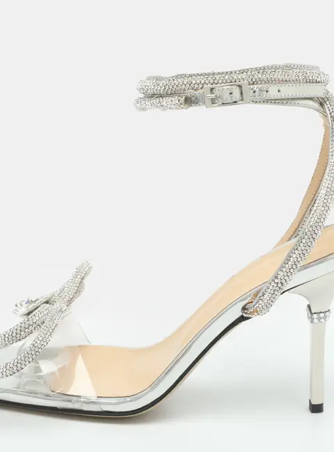 Mach & Mach Double Bow Size 38 Silver Leather Crystal Embellished Ankle Wrap Sandals