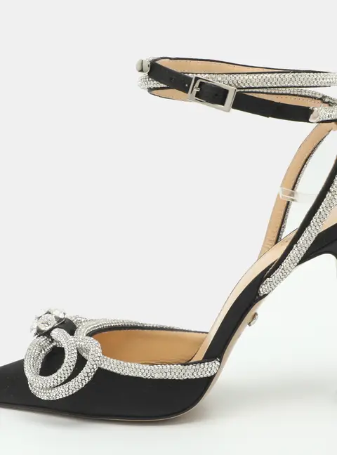 Mach & Mach Double Bow Size 37 Black Satin Crystal Embellished Ankle Strap Pumps