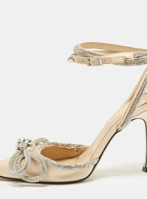 Mach & Mach Double Bow Size 37 Cream Satin Ankle Strap Pumps