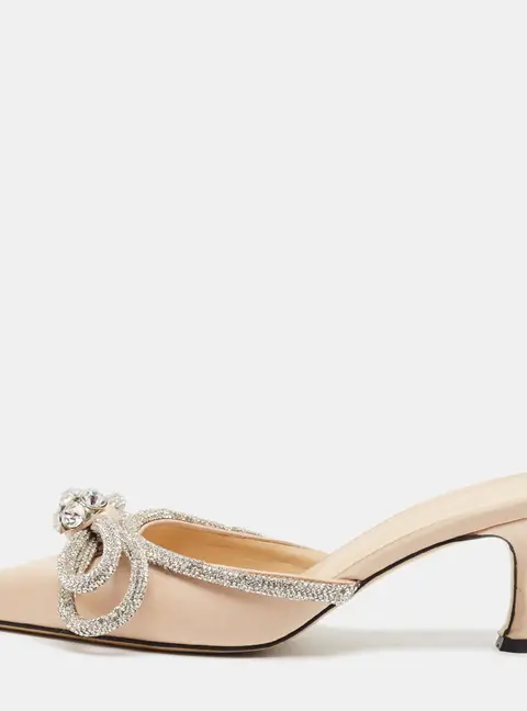 Mach & Mach Double Bow Size 37 Beige Satin Slide Sandals