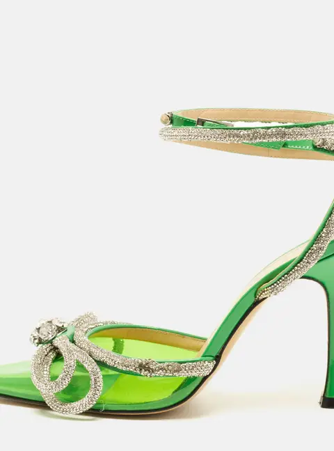 Mach & Mach Double Bow Size 39 Green Leather and PVC Crystal Embellished Pumps
